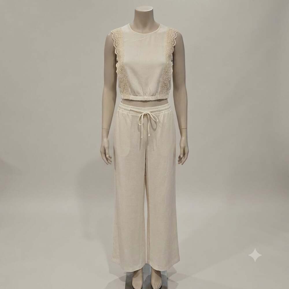 Two-Piece Sleeveless Lace Trim Top and Wide-Leg Pants Set